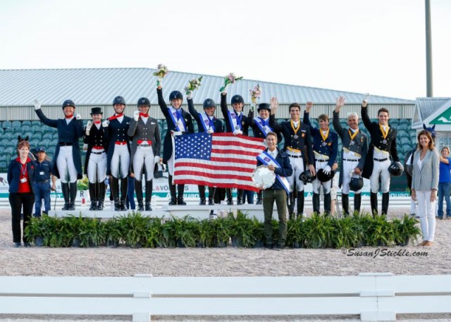 Team USA, Team Canada, and Team Spain with their team Chef d' Equipes atop their respective podiums at the Stillpoint Farm FEI Nations' Cup CDIO 3* at AGDF. © Susan J. Stickle