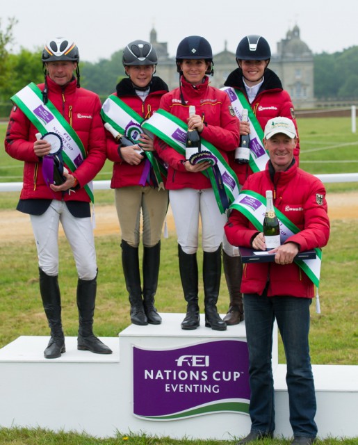 Germany, winners of the FEI Nations Cup™ Eventing at Houghton Hall (GBR) for the second year running (left to right): Peter Thomsen, Josefa Sommer, Bettina Hoy and Josephine Schnauffer, with their coach Christopher Bartle. © Trevor Holt/FEI