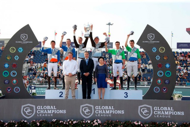 All happy faces on the podium of the Global Champions League in Shanghai. © GCL/Stefano Grasso