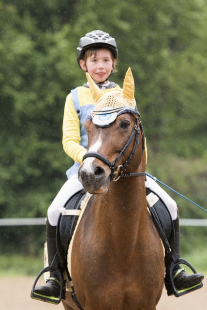 Romana Winter begeisterte mit ihrem Pferd Lorenzo W verkleidet als gelber Minion. © Sarah Braun