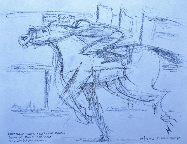 Skizze Magdeburg, Holy Rare und Lilli Marie Engels gewinnen das 7. Rennen am 5. Mai 2016 in Magdeburg. Skizze von NNN