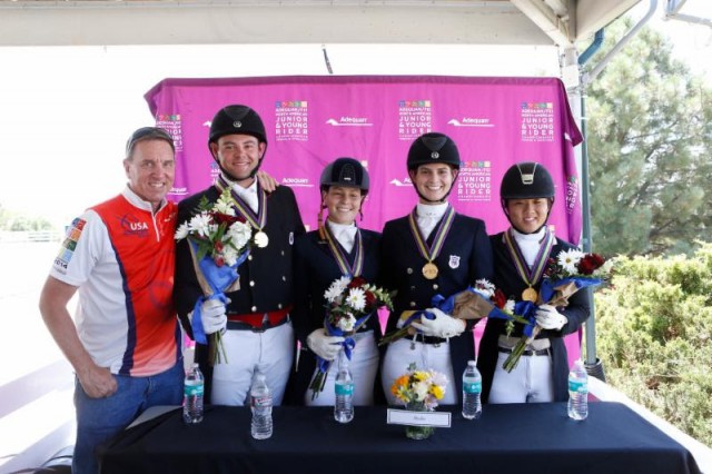 Allyn Mann of Adequan® with the Gold medal winning Region 1 team from the U.S. including Nicholas Hansen, Elizabeth Bortuzzo, Mallory Chambers, and Lian Wolf. 