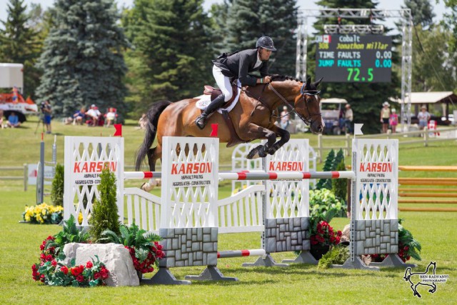Jonathon Millar of Perth, ON, riding Cobalt, was runner-up in the $10,000 Karson Modified Grand Prix at the CSI2* Ottawa International Horse Show. © Ben Radvanyi Photography