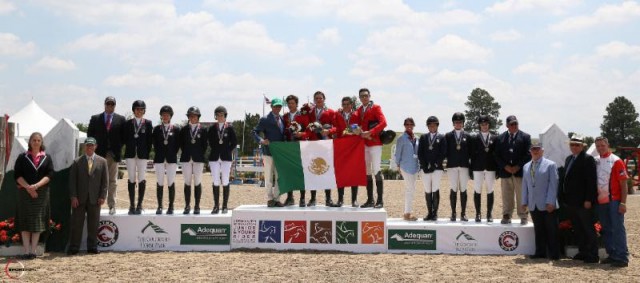  The Mexico North Junior Team accepts the gold medal in the USHJA North American Junior & Young Rider Championships Junior Team competition with the Zone 10 Team and Zone 2/9 Team, alongside Katie Patrick, Director of Sport for the USHJA; Bill Moroney, Chief Executive Officer of USEF; Phillip Rozon, President of the FEI Ground Jury; Michael Stone, President of The Colorado Horse Park; and Allyn Mann of Adequan®. © Sportfot The Mexico North Junior Team accepts the gold medal in the USHJA North American Junior & Young Rider Championships Junior Team competition with the Zone 10 Team and Zone 2/9 Team, alongside Katie Patrick, Director of Sport for the USHJA; Bill Moroney, Chief Executive Officer of USEF; Phillip Rozon, President of the FEI Ground Jury; Michael Stone, President of The Colorado Horse Park; and Allyn Mann of Adequan®. © Sportfot