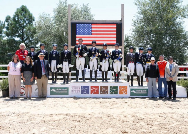 The medal presentation ceremony for the 2016 NAJYRC Dressage Young Rider Team Test featuring the Gold, Silver, and Bronze medal winning teams alongside Katherine Robertson, USDF Education Department Manager; Hannah Niebielski, USEF Director of Dressage National Programs; Michael Stone, President of The Colorado Horse Park; Leslie Steele, Chef d'Equipe of the Canadian Team; Jennie Loriston-Clarke, Foreign Technical Delegate; Allyn Mann of Adequan®; and judge Cesar Torrente (COL)