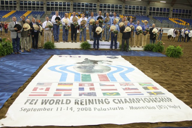 The Team Podium at the 2008 FEI World Reining Championships (Team Italy gold; Team U.S.A. silver; Team Germany bronze) (FEI/ Andrea Bonaga)