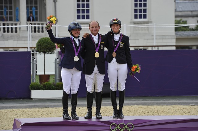 Gender equality: Germany’s Michael Jung took individual gold in Olympic Eventing at London 2012, with Sara Algottsson Ostholt (SWE) in silver and Sandra Auffarth (GER) in bronze. © FEI/Dirk Caremans