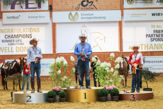 The individual podium at the 2016 SVAG FEI European Reining Championships for Seniors – Gennaro Lendi (ITA) in gold, Grischa Ludwig (GER) in silver and Tina Kuenstner-Mantl (AUT) in bronze. © FEI / Andreas Kost