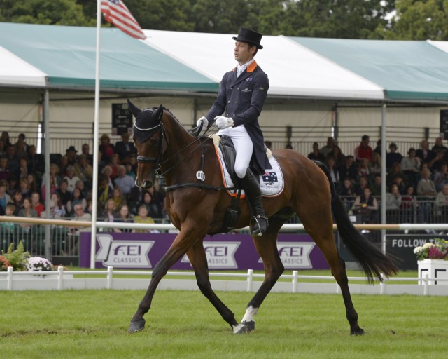 Christopher Burton (AUS) and Nobilis 18 perform a superb Dressage test , scoring 30.2 to take a 4.3 penalty lead after Dressage at the Land Rover Burghley Horse Trials, final leg of the FEI Classics™ 2015/2016 (Trevor Meeks/FEI)