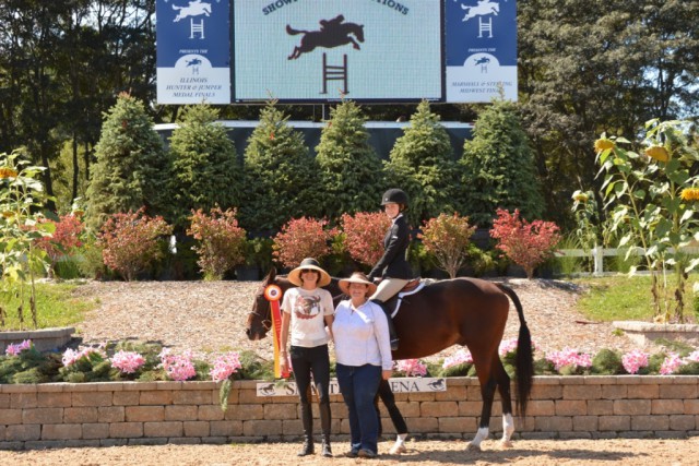 IHJA Children's Medal Reserve Champion Katie Gilcrest with trainers Rachel Johnson and Margaret Clayton. © Chicago Equestrian