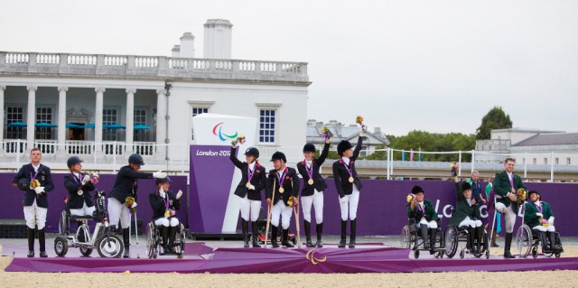 London 2012 Team podium, Great Britain in gold, Germany in silver and Ireland in bronze © FEI / Liz Gregg