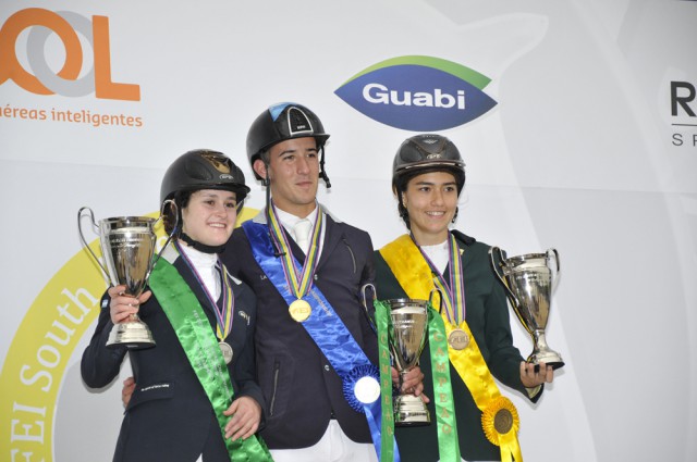On the Young Riders Individual podium at the FEI South America Jumping Championships for Young Riders, Juniors, Pre-Juniors and Children 2016 in Sao Paulo (BRA): (L to R) - silver medallist Martina Campi (ARG), gold medallist Lihuel Gonzalez (ARG) and bronze medallist Yasmim Almendros Marinho Santos (BRA). © Emerson Emerim/FEI