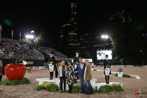 The top riders in their winning presentation with Judge Katrina Wuest, Antonia Ax:son Johnson of Axel Johnson and Mark and Katherine Bellissimo. © Sportfot 