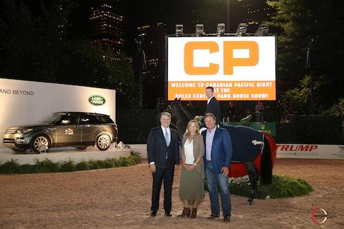 McLain Ward and HH Carlos Z in their presentation with Mark Wallace, Vice-President, Corporate Affairs and Chief of Staff, Canadian Pacific, and Katherine and Mark Bellissimo. © Sportfot 