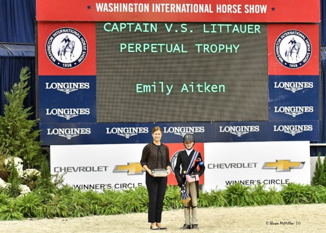 Emily Aitken in her presentation for Best Child Rider on a Pony with WIHS Executive Director Bridget Love Meehan. © Shawn McMillen Photography