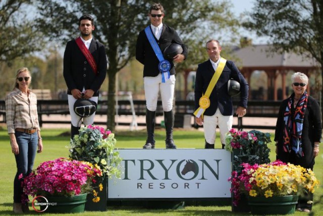 Shane Sweetnam, Emanuel Andrade, and Darragh Kerins in their award presentation ceremony with Katherine Bellissimo of Tryon Equestrian Partners (TEP) and Sharon Decker, COO of Tryon Equestrian Partners. © Sportfot