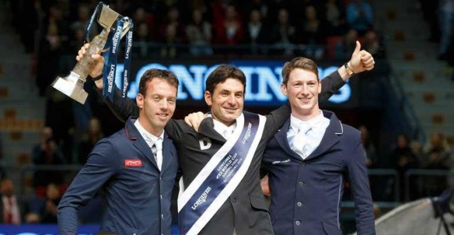 Switzerland’s Steve Guerdat (centre) made it a back-to-back double of Longines FEI World Cup™ Jumping victories at Gothenburg (SWE) this year. The Netherlands’ Harrie Smolders (left) finished second and Germany’s Daniel Deusser (right) finished third. All three riders will line out at the opening leg of the new season in Oslo (NOR) next week. © FEI / Dirk Caremans