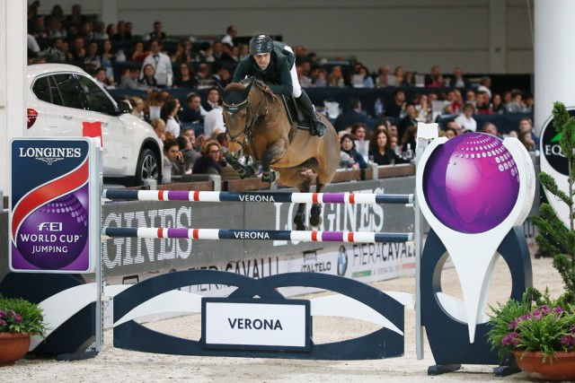 Egypt’s Abdel Said produced an extraordinary jump-off performance to win today’s fourth leg of the Longines FEI World Cup™ Jumping Western European League at Verona in Italy riding Hope van Scherpen Donder. Photo Stefano Secchi