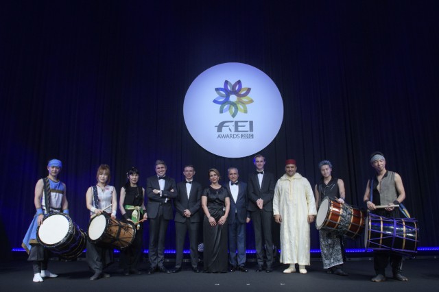 Equestrian heroes were honoured tonight at the FEI Awards 2016, the “Oscars of the equestrian world”, presented by Longines at the Prince Park Tower Hotel in Tokyo (JPN). (left to right): Juan-Carlos Capelli, Longines' Vice President and Head of International Marketing, Rodolpho Riskalla (BRA), FEI Honorary President, HRH Princess Haya, FEI President Ingmar De Vos, Sönke Rothenberger (GER), Moroccan Secretary General, Badr Fakir accompanied by traditional Japanese Taiko drummers. ©FEI/Richard Juilliart