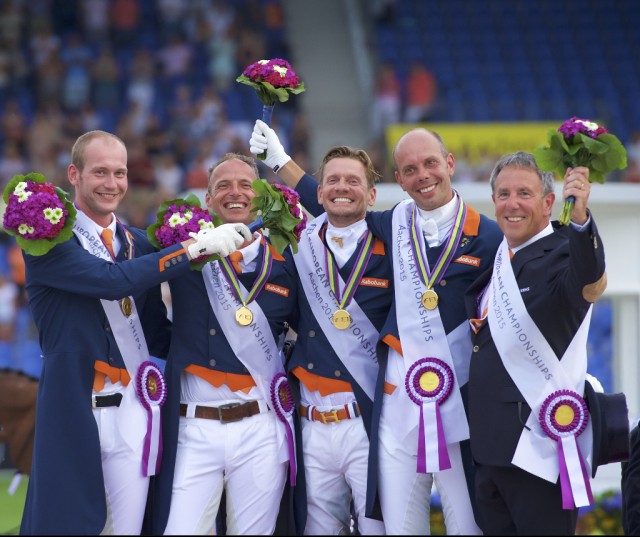 Wim Ernes, Olympic Dressage judge and Dutch team coach, has passed away at the age of 58. He is pictured here (far right) celebrating with (left to right) his gold medal winning team of Diederik van Silfhout, Patrick van der Meer, Edward Gal and Hans Peter Minderhoud at the FEI European Championships 2015 in Aachen (GER). © FEI/Arnd Bronkhorst