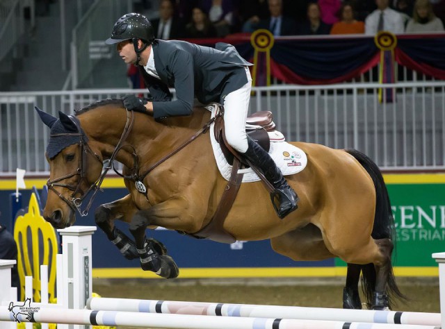 Jonathon Millar of Perth, ON, rode Bonzay to third place in the opening round of the $100,000 Greenhawk Canadian Show Jumping Championship on Friday, November 4, at Toronto’s Royal Horse Show. © Ben Radvanyi Photography