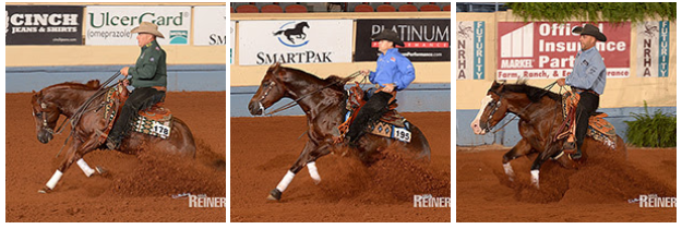 Shawn Flarida (links) auf Whiz Gata Prize, Robin Schoeller (mitte) auf Spitfire Spook und Craig Schmersal (rechts) auf Pale Black Gun führen bei der NRHA Futurity in Oklahoma. © NRHA 2016 