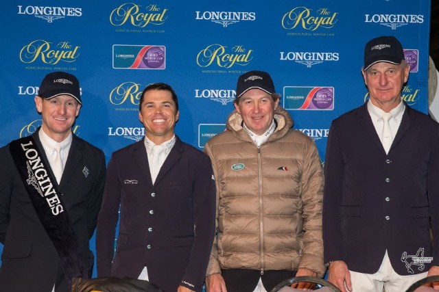 From left to right: McLain Ward, Kent Farrington, Nick Skelton, and Mac Cone following the $130,270 Longines FEI World Cup™ Jumping Toronto at the the CSI4*-W Royal Horse Show. © Ben Radvanyi Photography