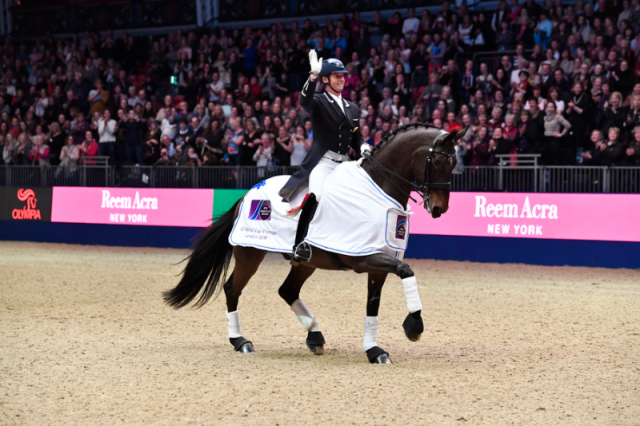 Carl Hester was crowned winner of the FEI World Cup™ Dressage Grand Prix supported by Horse & Hound aboard his Rio Team silver medal winning horse Nip Tuck. © Olympia Horse Show