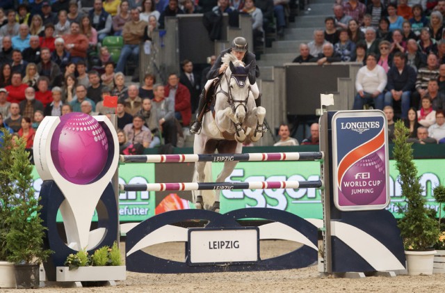 The winner Gregory Wathelet (BEL) with the horse Coree, Longines FEI World Cup Jumping - Leipzig - Partner Pferd 2017 (Photo: FEI/Stefan Lafrentz)