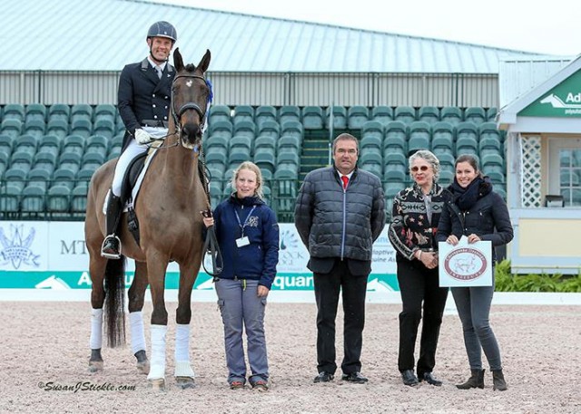 Jaimey Irwin and Donegal V in their winning presentation with their groom Rachel Manshreck-Head, judge Carlos Lopes, Janet Richardson-Pearson of Chesapeake Dressage Institute, and Cora Causemann of AGDF. © Susan J Stickle