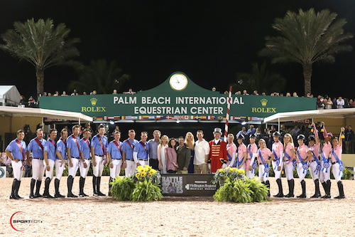  The men and women's teams celebrate a great night with Mark and Katherine Bellissimo of Equestrian Sport Productions, Wellington Regional Medical Center COO Pam Tahan, Nick Sama, M.D., Chairman of the Department of Orthopedics, Robbin Lee, CEO, Adam Bromberg, M.D., Chairman of the Department of Emergency Services, and ringmaster Steve Rector. © Sportfot