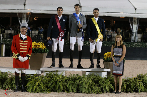 Paul O'Shea, Pedro Muylaert, and Jimmy Torano in the top three presentation with ringmaster Steve Rector and Equestrian Sport Productions Sponsorship Manager Whitney Stahl. © Sportfot