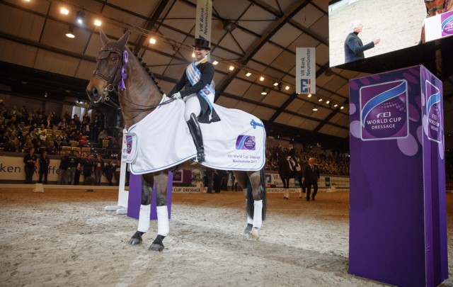 Isabell Werth (GER) with the horse Don Johnson FRH, in the prize giving ceremony, are the winners of the FEI World Cup qualification dressage, Neumünster - VR Classics 2017. © Stefan Lafrentz)