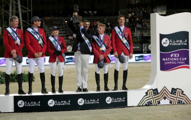 Team Germany, Furusiyya FEI Nations Cup™ 2016 champions, on the podium in Barcelona (ESP): (L to R) Ludger Beerbaum, Christian Ahlmann, Janne Friederike Meyer, Otto Becker (Chef d’Equipe), Marcus Ehning and Daniel Deusser. © FEI / Jim Hollander