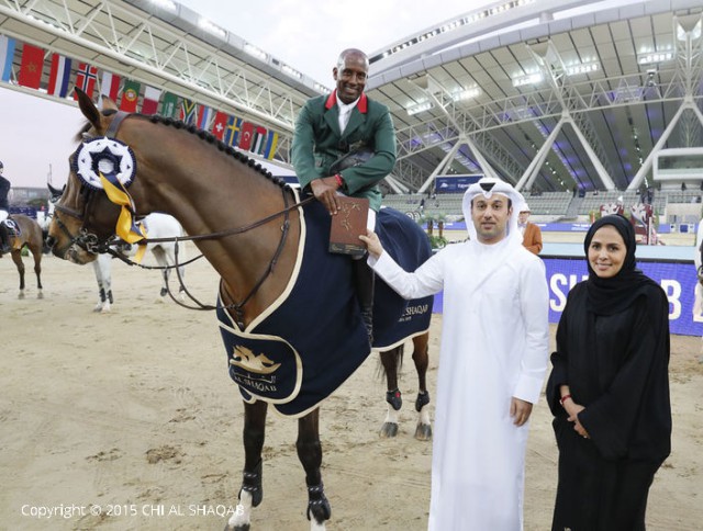 Sieger der Zwei-Phasen Springprüfung über 1,45 m: Abdelkebir Ouaddar (MAR) und Cordano Sitte Z. © Mario Grassia/Al Shaqab