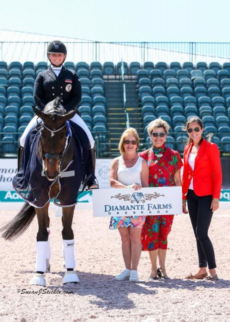 Diana Porsche and Di Sandro in their presentation with Terri Kane of Diamante Farms, judge Janet Foy (USA), and Cora Causemann of AGDF. © Susan J Stickle
