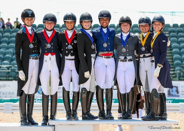 USA Team A, USA Team B, and Team Canada pose together atop the podium after receiving their medals in the inaugural FEI Under 25 Nations Cup CDIO 3* presented by Diamante Farms at the Adequan® Global Dressage Festival (AGDF). © Susan J Stickle