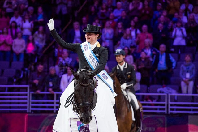 Isabell Werth (GER) celebrates victory with Weihegold Old in today's FEI World Cup™Dressage Final Grand Prix in Omaha (USA). © Cara Grimshaw/FEI