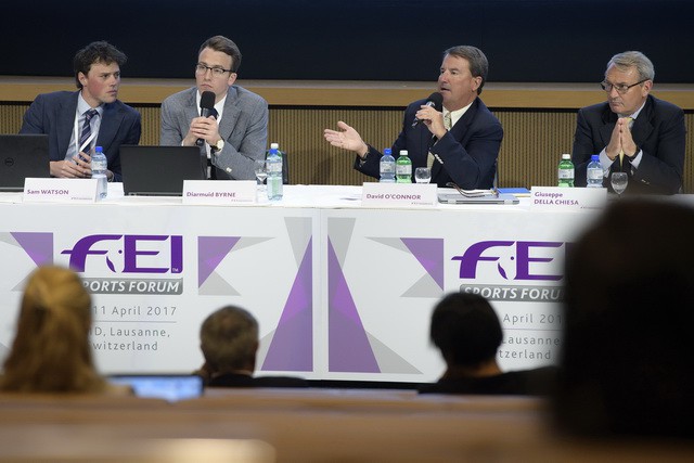 Panellists at today's FEI Sports Forum session on Eventing risk management. L-R Sam Watson and Diarmuid Byrne, EquiRatings; David O'Connor, Chair FEI Risk Management Working Group and Giuseppe Della Chiesa, Chair FEI Eventing Committee. © FEI/Richard Juilliart