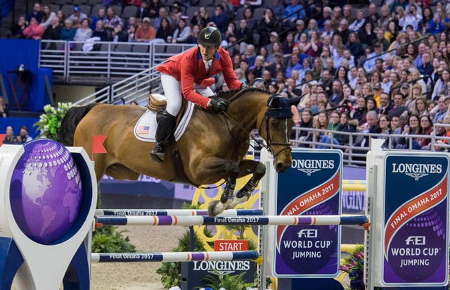 McLain Ward and the mare HH Azur, winners of tonight's thrilling second leg at the Centurylink Center, have a three-point advantage going into Sunday's title decider for the Longines FEI World Cup™ Jumping Final 2017 in Omaha (USA). © Cara Grimshaw/FEI