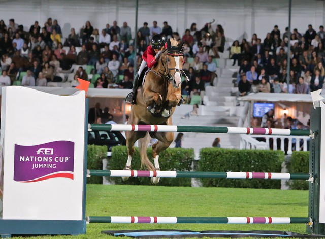 Fabienne Daigneux Lange und Venue d'Fees des Hazelles blieben zweimal fehlerfrei und verhalfen dem belgischen Team zum Sieg FEI Nations Cup™ Jumping 2017 Europe Division 2 in Lissabon (Portugal). © FEI/Nuno Pragana