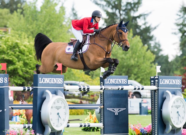 The spring-heeled mare Cristalline and her rider Adrienne Sternlicht helped secure victory and a slot at the series final for Team USA at the last qualifying leg of the FEI Nations Cup™ Jumping 2017 North America, Central America and Caribbean League in Langley, Canada. © FEI/Cara Grimshaw