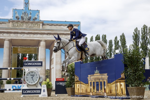 Max Kühner und Chardonnay auf dem Weg zu Platz acht im Longines Global Champions Tour Grand Prix von Berlin. © Stefan Lafrentz