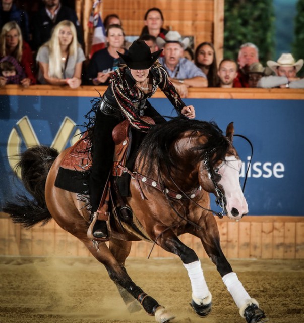 Gina Schumacher (GER) secures a stylish gold with Gotta Nifty Gun at the inaugural World Junior reining championships, Givrins (SUI). © Andrea Bonaga