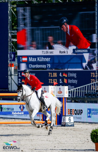 Mit einem sensationellen Ritt auf dem Holsteiner Hengst Chardonnay holte Max Kühner heute in der ersten Qualifikation der Springreit-Europameisterschaften Platz zwei! © Petra Kerschbaum