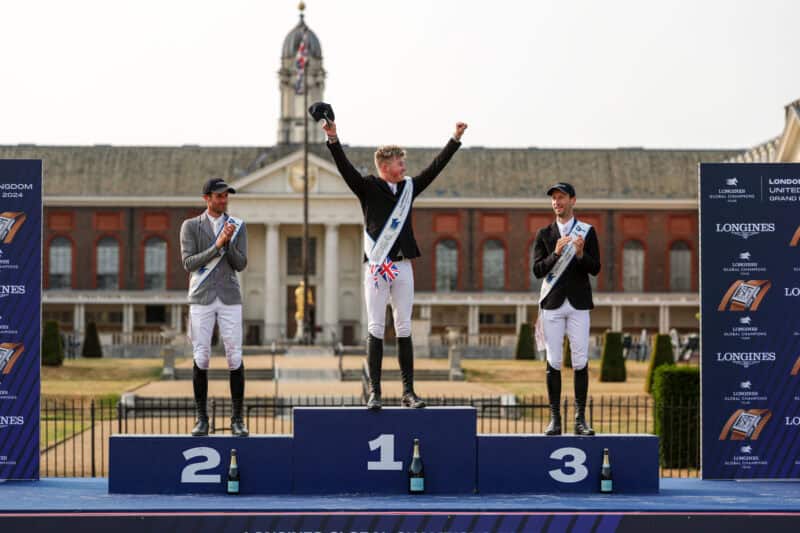 Harry Charles (GBR) gewinnt die Global Champions Tour-Etappe von London vor Christan Kukuk (GER) und Pieter Devos (BEL). © Longines Global Champions Tour