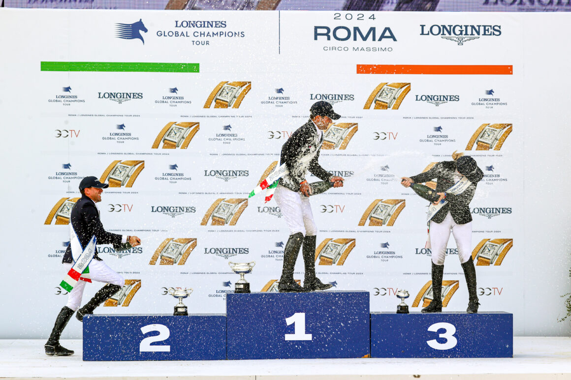 Der 33-jährige Luxemburger Victor Bettendorf (LUX) gewann den Grand Prix von Rom vor Simon Delestre (FRA) und Janne Friederike Meyer-Zimmermann. © Longines Global Champions Tour