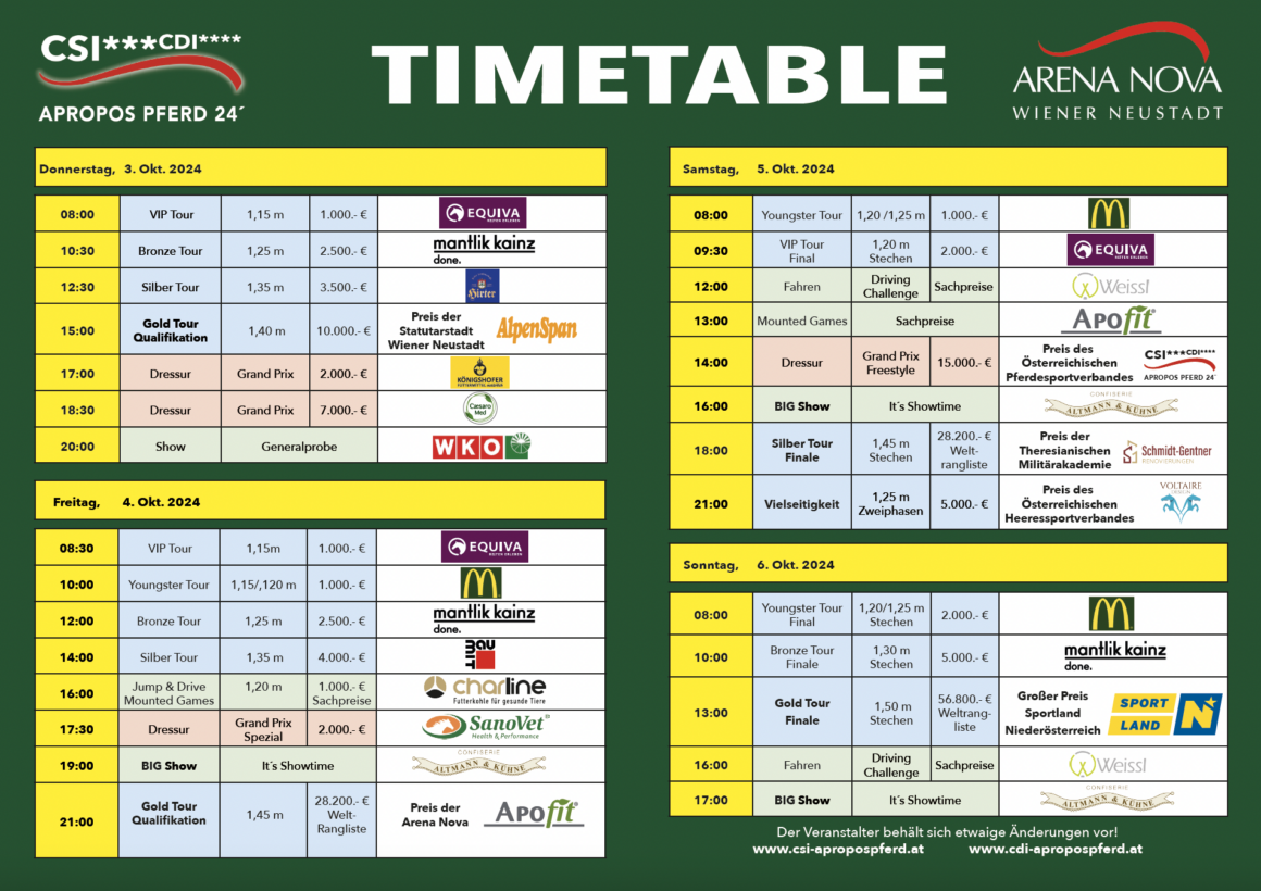 Zeitplan & Programm von Dressur, Springen & Show bei der Apropos Pferd in Wiener Neustadt. © CSI Arena Nova