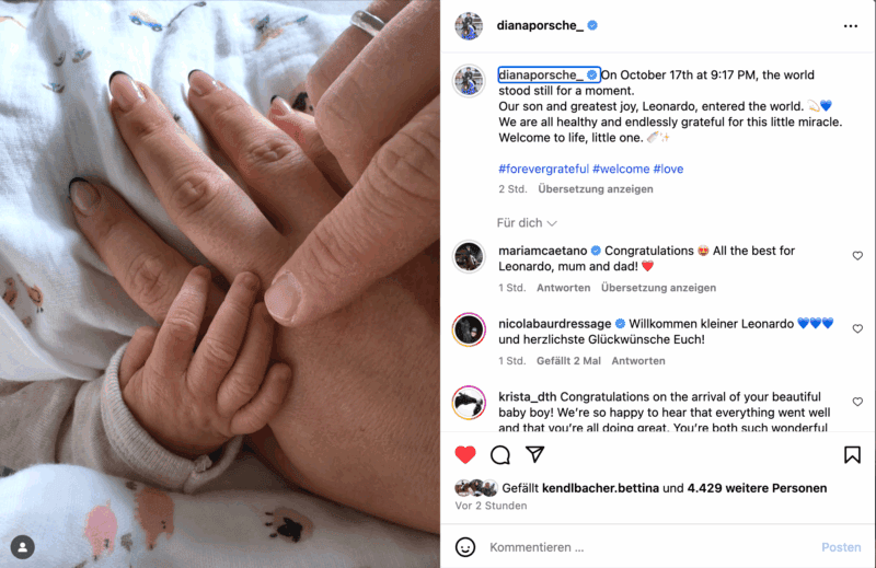 Diana Porsche ist Mutter geworden! Der kleine Leonardo wurde am 17.10.2025 geboren. © IG: dianaporsche_