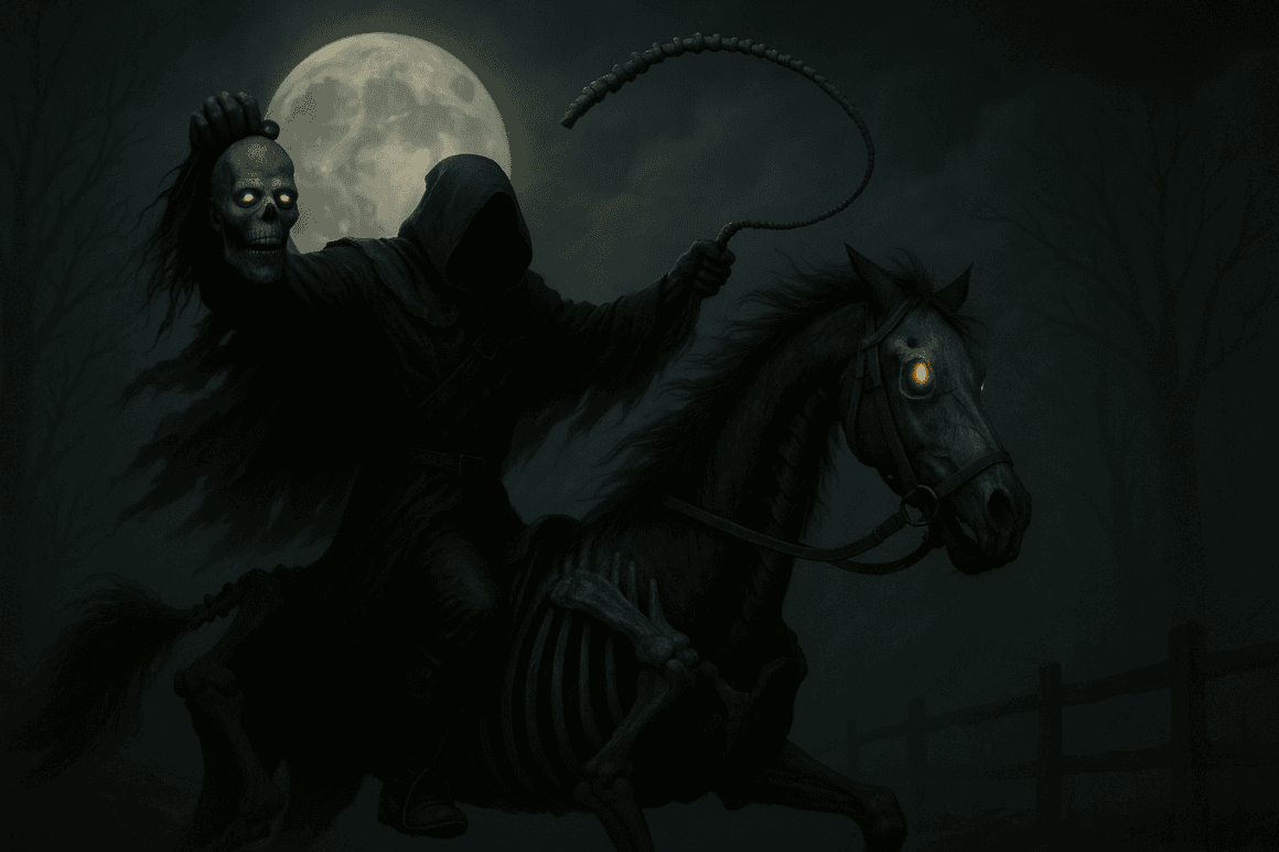 Der Dullahan mit seinem Kopf in der Hand und einer menschlichen Wirbelsäule als Peitsche. ©ChatGPT